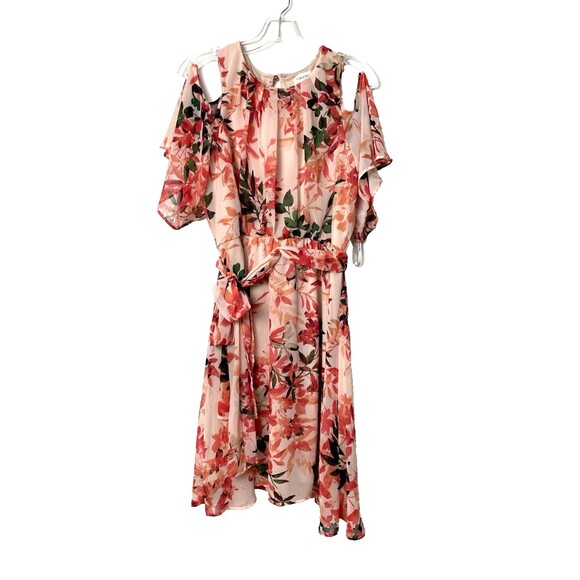 Calvin Klein Dress Size 10 Spring Floral Cold Shoulder Belt Chiffon Knee Length - Picture 1 of 15